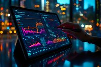Hand pointing at financial trading dashboard on tablet with colorful charts and graphs against blurred city lights at night.