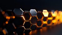 Glowing hexagonal geometric pattern with orange light effect on dark background, modern technology concept for presentation backgrounds and tech designs.