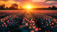 Magical cotton field at golden sunset with sun rays illuminating white fluffy bolls creating dreamy bokeh effect, dramatic orange sky and silhouetted trees on horizon.