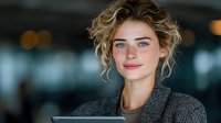 Professional blonde businesswoman with curly hair smiling confidently in modern office environment wearing gray blazer for corporate presentations.