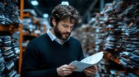 Bearded Caucasian businessman in navy sweater reading document in warehouse storage facility surrounded by stacks of paperwork and files in dark atmospheric lighting.