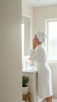 Young woman in white bathrobe and towel applying skincare routine in bright modern bathroom with natural light for wellness and self-care concepts.