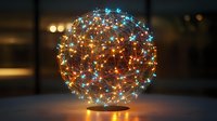 Glowing sphere with interconnected light points creating network visualization effect against dark background, floating above illuminated base. Modern technology concept.
