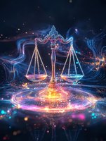 Glowing scales of justice with magical light effects in cosmic space, balanced on swirling energy waves with pink and blue neon illumination against dark background.