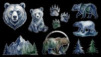 Grizzly bear head and cub illustrations with paw prints, forest mountains, and evergreen trees isolated on transparent background. Ready for t-shirt design, clipart, stickers, sublimation, and print-on-demand projects.