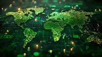 Digital world map glowing in green with network connections and light particles on dark technological background, representing global connectivity and data flow.