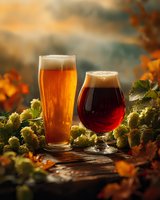 Two glasses of craft beer surrounded by fresh hops and autumn leaves on wooden surface against dramatic sunset sky background. Perfect for beverage marketing.