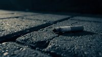 Cigarette butt discarded on cracked asphalt pavement surface showing urban litter and environmental pollution in moody lighting.
