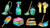 Colorful cleaning tools set isolated on transparent background, ready for T-shirts, stickers, and print on demand. Includes mop, vacuum, brush, gloves, and spray bottle.