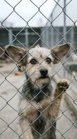 Sad mixed breed dog behind chain link fence at animal shelter looking through wire mesh with paw raised, waiting for adoption and rescue.