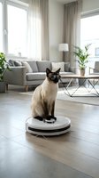 Siamese cat sitting on robotic vacuum cleaner in modern living room with gray sofa and plants. Smart home cleaning technology concept for pet owners.