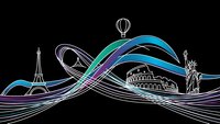 Travel concept with famous world landmarks connected by flowing colorful lines on black background for tourism and vacation designs.