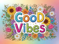 Colorful Good Vibes lettering surrounded by hand-drawn flowers, sunflowers, roses and decorative elements on gradient background for positive motivation.