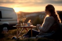 Young woman in cozy sweater enjoying sunset while camping, sitting with coffee and dessert at wooden table, van life atmosphere in warm golden light.