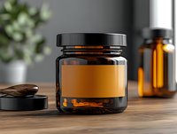 Amber glass cosmetic jar with black lid on wooden surface, essential oil bottle in background. Clean minimal product photography for beauty and wellness packaging.