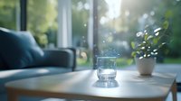 Glass of pure water on wooden table in sunlit living room with sofa and houseplant, morning light streaming through window creates peaceful atmosphere.