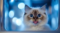 Young fluffy cat with blue eyes and pink tongue sticking out, surrounded by soft blue bokeh lights and modern glass frame, perfect for pet care and lifestyle content.