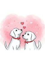 Two adorable white puppies with red bow ties sharing love on pink watercolor background with floating hearts for romantic greeting cards.