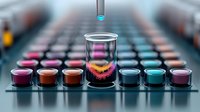 Laboratory test tube with pink powder substance falling into glass beaker surrounded by colorful chemical samples in organized rows, scientific research concept.
