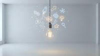 Glowing light bulb with floating innovation icons in modern white interior room representing creative ideas, brainstorming, and business solutions.