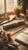 Wooden letter blocks spelling SERVICES on rustic table with plants, books and warm sunlight streaming through window creating cozy workspace atmosphere.