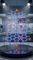 Complex molecular structure with glowing atoms displayed in modern laboratory setting with dramatic lighting for scientific research and education.