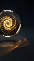Golden spiral light particles swirl inside transparent sphere against dark background, creating magical glowing effect for luxury, technology, and abstract design projects.