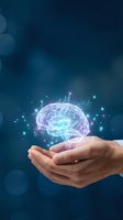 Human hands holding glowing digital brain with data visualization charts and light effects on blue background for AI technology concepts.