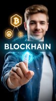 Young Caucasian businessman in casual attire interacting with glowing blockchain network visualization and cryptocurrency symbols on dark background with digital effects.
