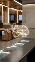Businessman hand reaching toward glowing brain hologram in modern office representing artificial intelligence, innovation and digital transformation concepts.