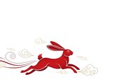 Red rabbit silhouette leaping through stylized clouds on white background. Minimalist design for lunar new year, easter, spring celebrations and branding.