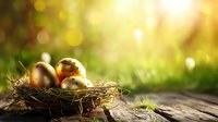 Golden eggs nestled in straw nest on wooden surface with sunlit green garden background, symbolizing spring renewal and Easter celebration.