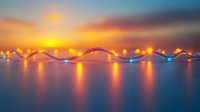 Glowing fairy lights creating magical reflections on smooth surface with warm sunset colors in background, soft focus bokeh effect adds dreamy atmosphere.