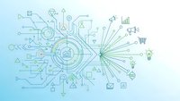 Digital technology network with interconnected business icons and circuit board design on gradient blue background for modern presentations.
