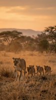 Lioness with cubs walking through golden savanna grassland during sunset with acacia trees and mountains in background creating warm wildlife scene.