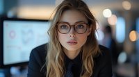 Young professional woman with glasses and blonde hair in office environment looking directly at camera with confident expression against blurred background.