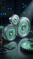 Metallic gears with glowing green circuit board patterns on dark surface surrounded by electronic components and blurred blue-green lights, representing technology, innovation, and digital systems integration.