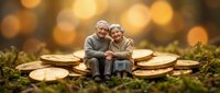 Miniature elderly couple figurines sitting on golden coins surrounded by moss with warm bokeh lights background representing retirement savings and financial security.