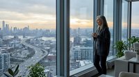 Young woman with long brown hair, wearing dark business attire, standing by floor-to-ceiling windows in high-rise office overlooking sprawling cityscape at sunset. Professional contemplation and urban success concept.