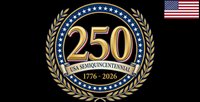USA semiquincentennial 250th anniversary emblem with golden laurel wreath and stars celebrating American independence from 1776 to 2026 on black background.