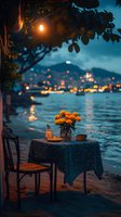 Romantic waterfront dining setup with orange roses in mason jar, lantern and coffee cup against twilight cityscape and bokeh lights reflecting on water surface.