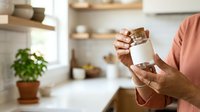 Close-up of a person's hands holding an open medicine bottle with white pills inside, set in a bright, modern kitchen with shelves and potted plant.