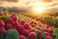 Fresh ripe raspberries with green leaves in golden sunset light over agricultural landscape for healthy eating and organic farming concepts.