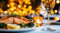 Grilled salmon fillet with rosemary and broccoli served on white plate, champagne glass and golden bokeh lights creating romantic dinner atmosphere.