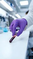Scientist wearing purple latex gloves holding test tube with red liquid in modern laboratory setting with fluorescent lighting and blurred background.