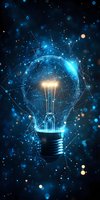 Glowing lightbulb surrounded by digital network connections and particles on dark background with blue illumination and bokeh effects, symbolizing innovation.