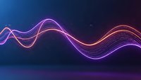 Abstract neon light waves flowing in purple and orange colors on dark blue background for digital technology and futuristic design projects.