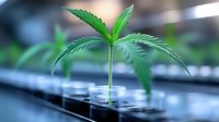 Young cannabis seedling growing in laboratory conditions with selective focus on bright green leaves against blurred scientific background.
