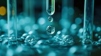Water droplets falling from glass pipette into clear liquid creating ripples and splashes in laboratory or scientific research setting.