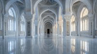 Majestic white marble mosque interior with ornate Islamic arches, columns and geometric patterns reflecting on polished floor creating symmetrical sacred space.